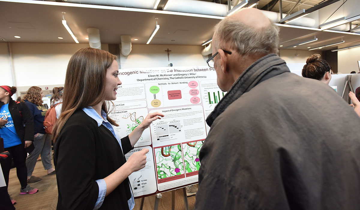 Student presenting a research poster at Research Day